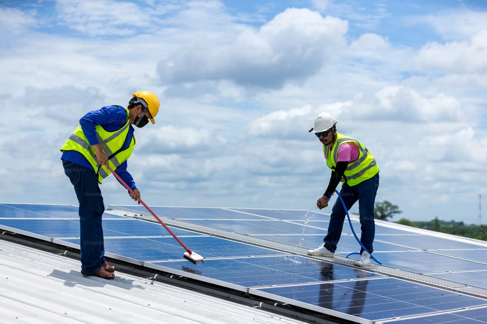 technicien nettoyant des panneaux solaires avec une brosse rotative